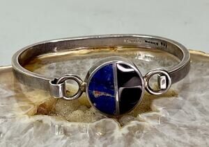 Vintage Taxco 925 Sterling Silver Lapis Onyx Hinged Cuff Bracelet 33.5g Signed